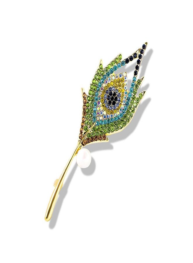 MXUHUI Vintage Peacock Feather Green Rhinestone Brooch Pin - Image 1